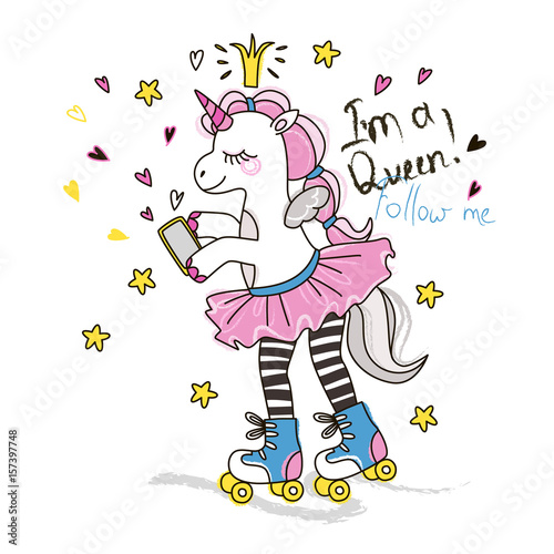 Cute roller skater unicorn with phone. Vector doodle graphic. Illustration for fashion design