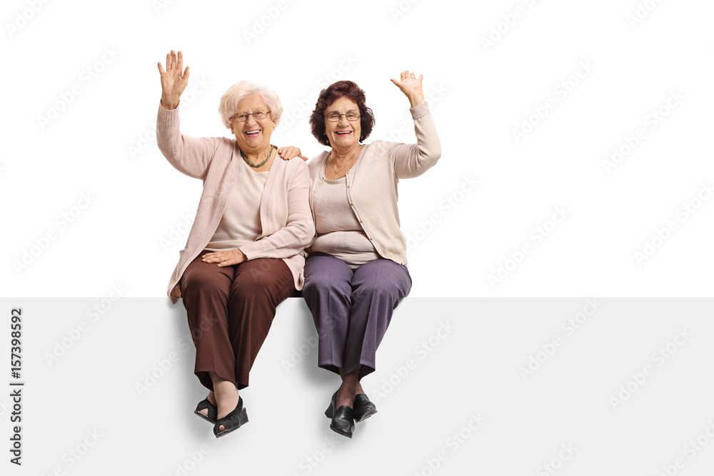 Two cheerful mature women sitting on a panel and waving