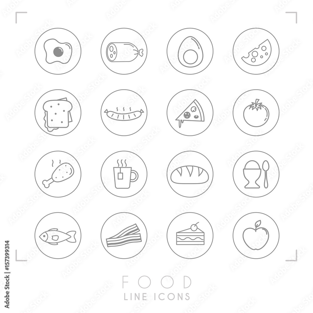 Set of line daily food icons in line circles. Flat style. Fried egg, sausage, boiled egg, cheese, sandwich, pizza, tomato, chicken leg, cup of tea, bread, egg, fish, bacon, cake, apple Set of line daily food icons in line circles. Flat style. Fried egg, sausage, boiled egg, cheese, sandwich, pizza, tomato, chicken leg, cup of tea, bread, egg, fish, bacon, cake, apple