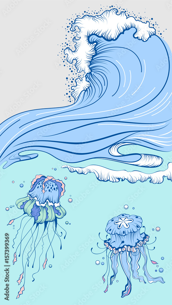 Obraz premium Blue high wave with foam cap. Two jellyfish in sea