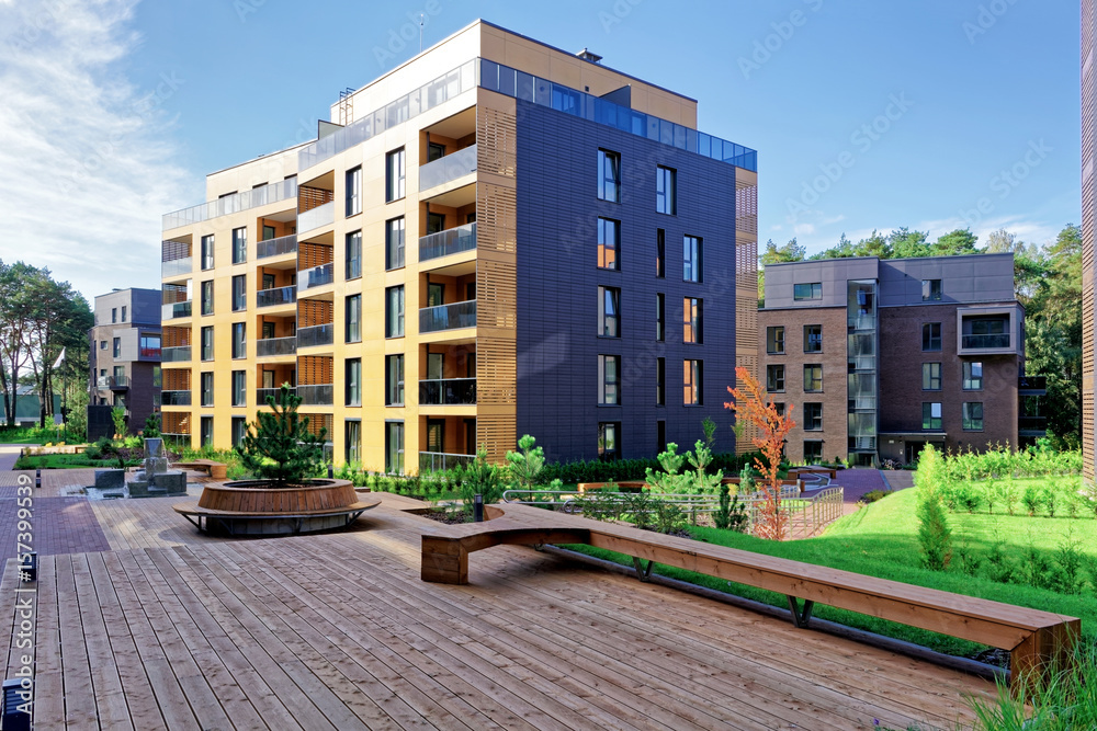 Benches at Modern complex of apartment residential buildings