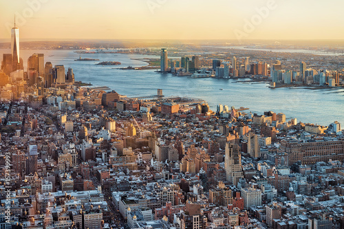 Aerial view of Skyline in Downtown and Lower Manhattan NY