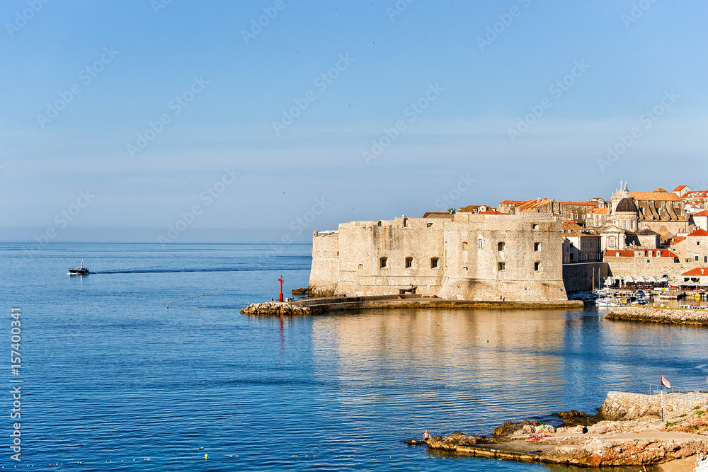 Dubrovnik Fortress and ship in Adriatic Sea