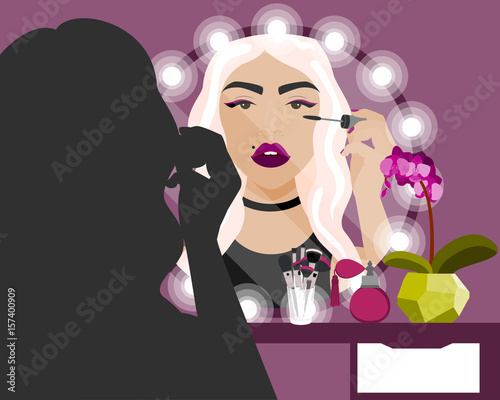 Vector illustration with girl doing makeup tutorial at vanity table, mirror and cosmetics product