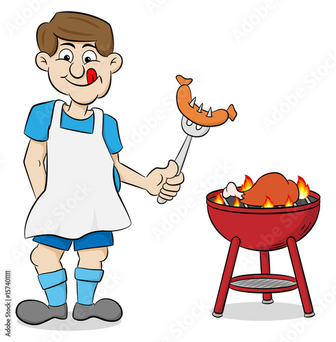 Mann beim Grillen mit Schürze und Fleisch (BBQ) 