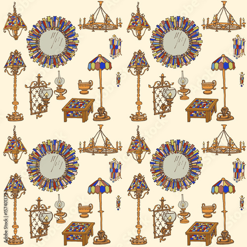 Vector set of lights and decor, mirror, table, floor lamps with stained glass and bronze - bright colors, for interior  - seamless 