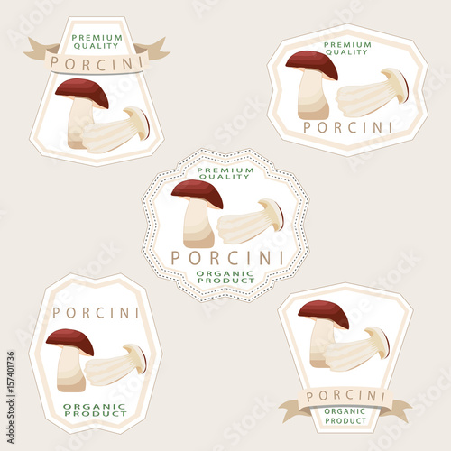 Abstract vector illustration of logo for whole ripe white mushroom porcini cut sliced product on background.Mushroom drawing consisting of tag label twine rope ripe food.Eating fresh porcini mushrooms