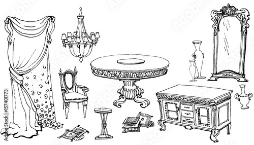 vector lines doodle interior dining room furniture, desk, chair, dresser, mirror,  vase, pillow, black in white background