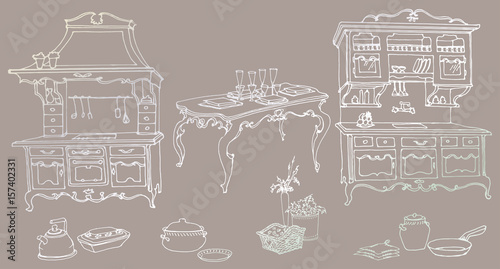 sketch set for kitchen furniture in the old style, oven, extractor hood, sink, drawers, table, decorative items, pots, pans, vases, baskets for interior design, white vector lines on brown background