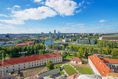 Old Arsenal backyard and Financial district with skyscrapers of Vilnius photo