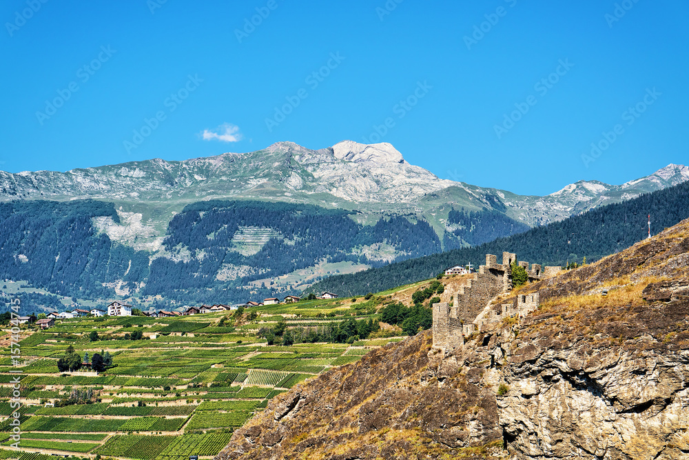 Landscape and Stone Ruins of Tourbillon castle Sion Valais Switzerland