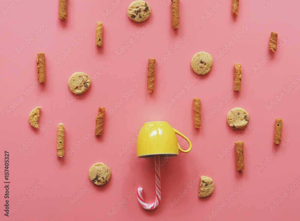 top view cookie and biscuit with coffee cup on pink background,rainy sweet concept top view cookie and biscuit with coffee cup on pink background,rainy sweet concept