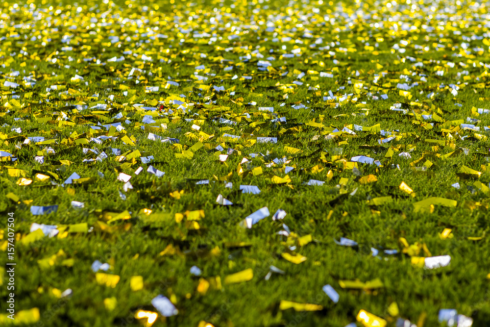 confetti on a football pitch