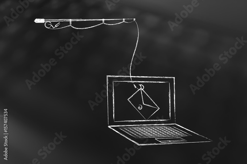 phishing threat on laptop screen, fishing rod with email instead of bait