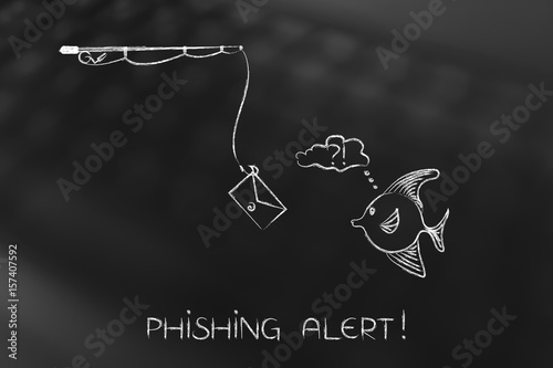 fishing rod with email bait approaching doubtful fish, phishing concept