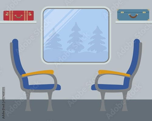 Interior of the train. Places in the train car. There are two blue armchairs, a window, suitcases on the shelves in the picture. Outside the window are the trees. Vector illustration.