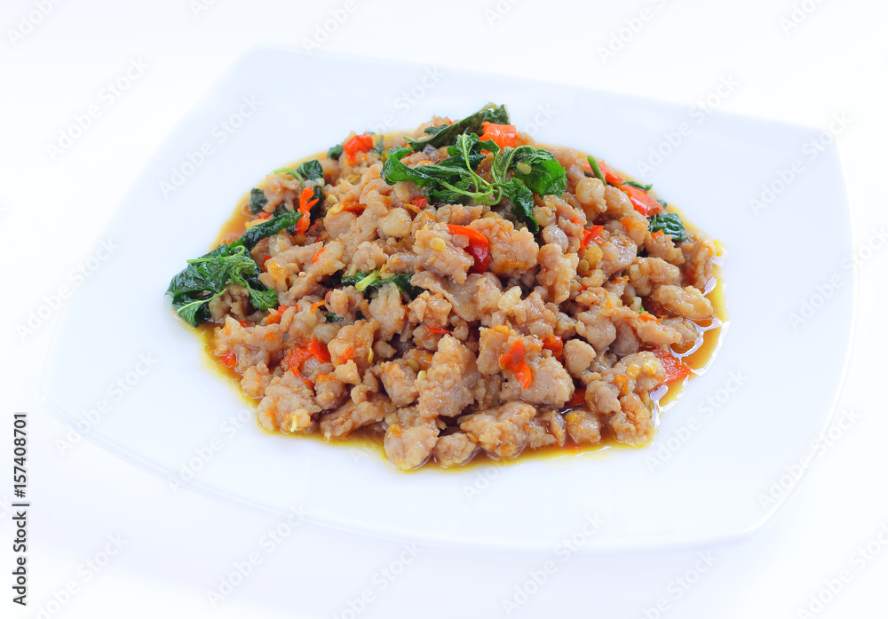 Pork with chili and Basil leaves. Pork with chili and Basil leaves.