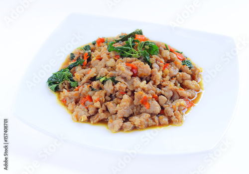 Pork with chili and Basil leaves.