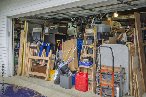 A garage full of storage items leaves no room for automobiles in Leonardtown, Maryland.