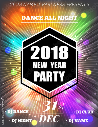 Christmas Party Poster. Happy 2018 New Year Flyer. New Year party design with multicolored bokeh lights backdrop. Vector illustration
