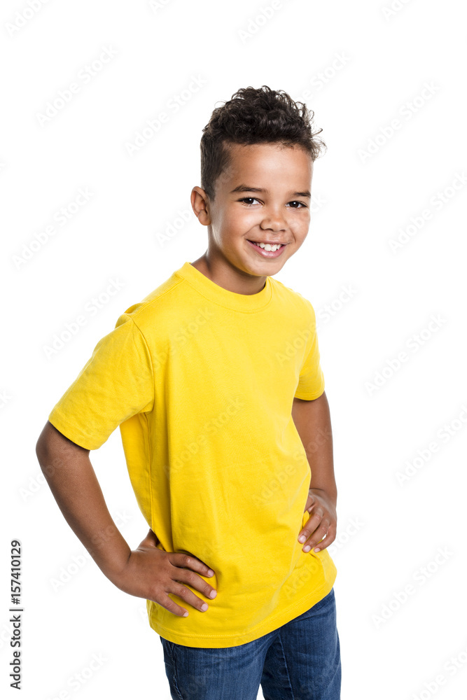 Adorable african boy on studio white background