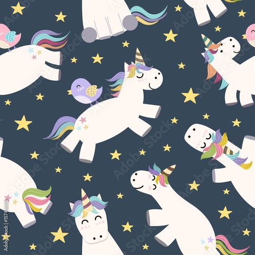 Cute unicorn flying in the sky seamless pattern. Vector illustration