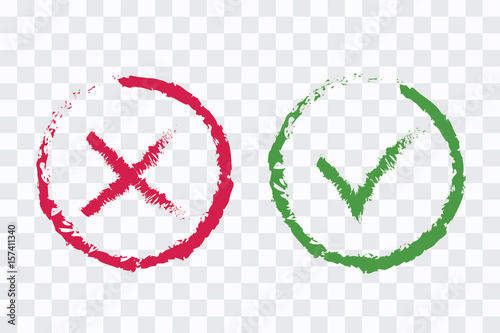 Green brushed checkmark OK and red X icons, isolated on white background. Simple marks graphic design. Vector illustration