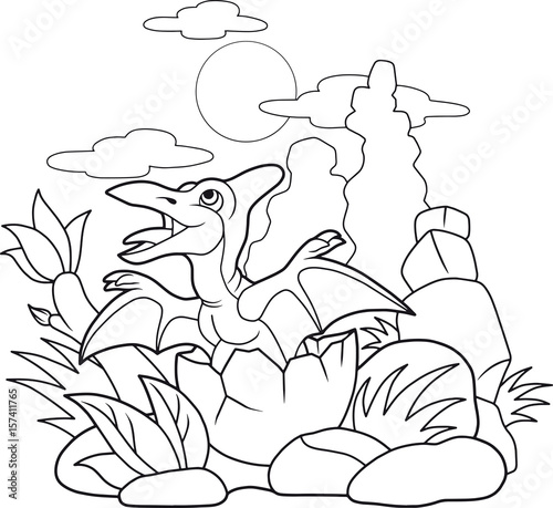 Cartoon cute pterodactyl hatched from egg