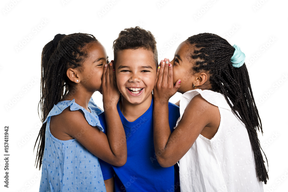 portrait of happy three black childrens, white background portrait of happy three black childrens, white background