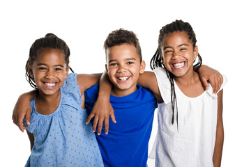 portrait of happy three black childrens, white background