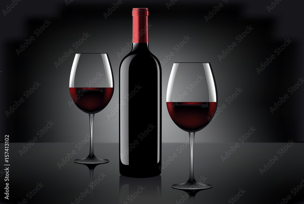 Two glasses of wine and bottle over gray background. Vector. Two glasses of wine and bottle over gray background. Vector.