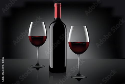 Two glasses of wine and bottle over gray background. Vector.