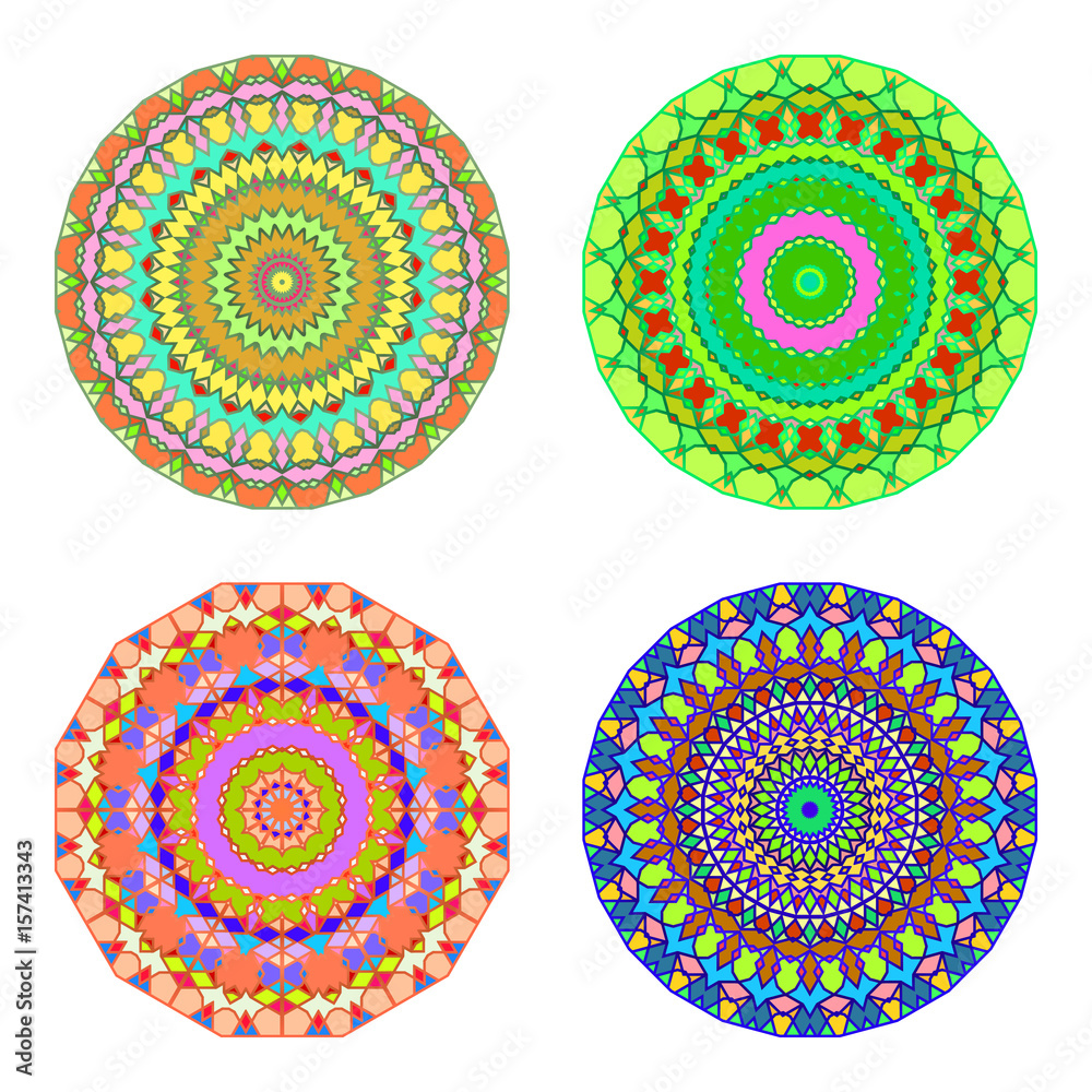 Floral emblems, round decorative ornaments isolated on white, bright colorful mandala patterns set, eastern, islamic, muslim, indian circular symbols collection.
