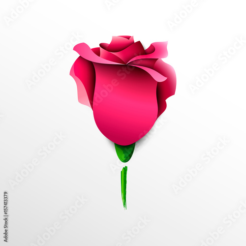 Pink rose on white background. Paper art illustration