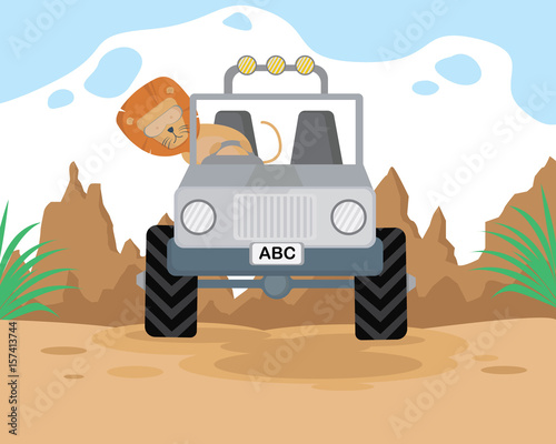 lion driving car in the jungle cartoon vector illustration