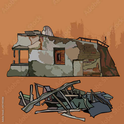 old dilapidated remnant of a brick building with debris