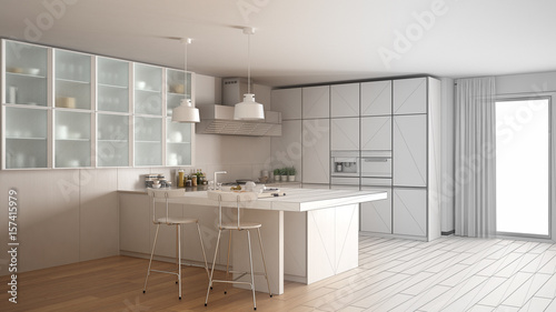 Unfinished project of modern kitchen with big window  sketch abstract interior design