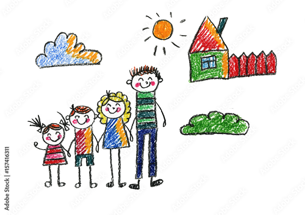 Naklejka premium Kids drawing Happy family Mother, father, sister, brother Happy mom and dad with son and daughter Family house Children illustration with happy couple, kids, parents, house Home for my family Chalk