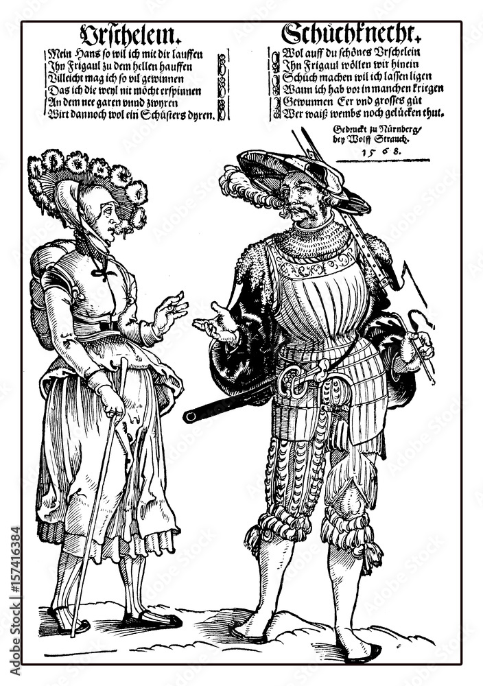 Fototapeta premium Lansquenet mercenary greets his wife going to war, year 1568.The Lansquenets were formidable and colorful soldiers on foot in German Renaissance times.