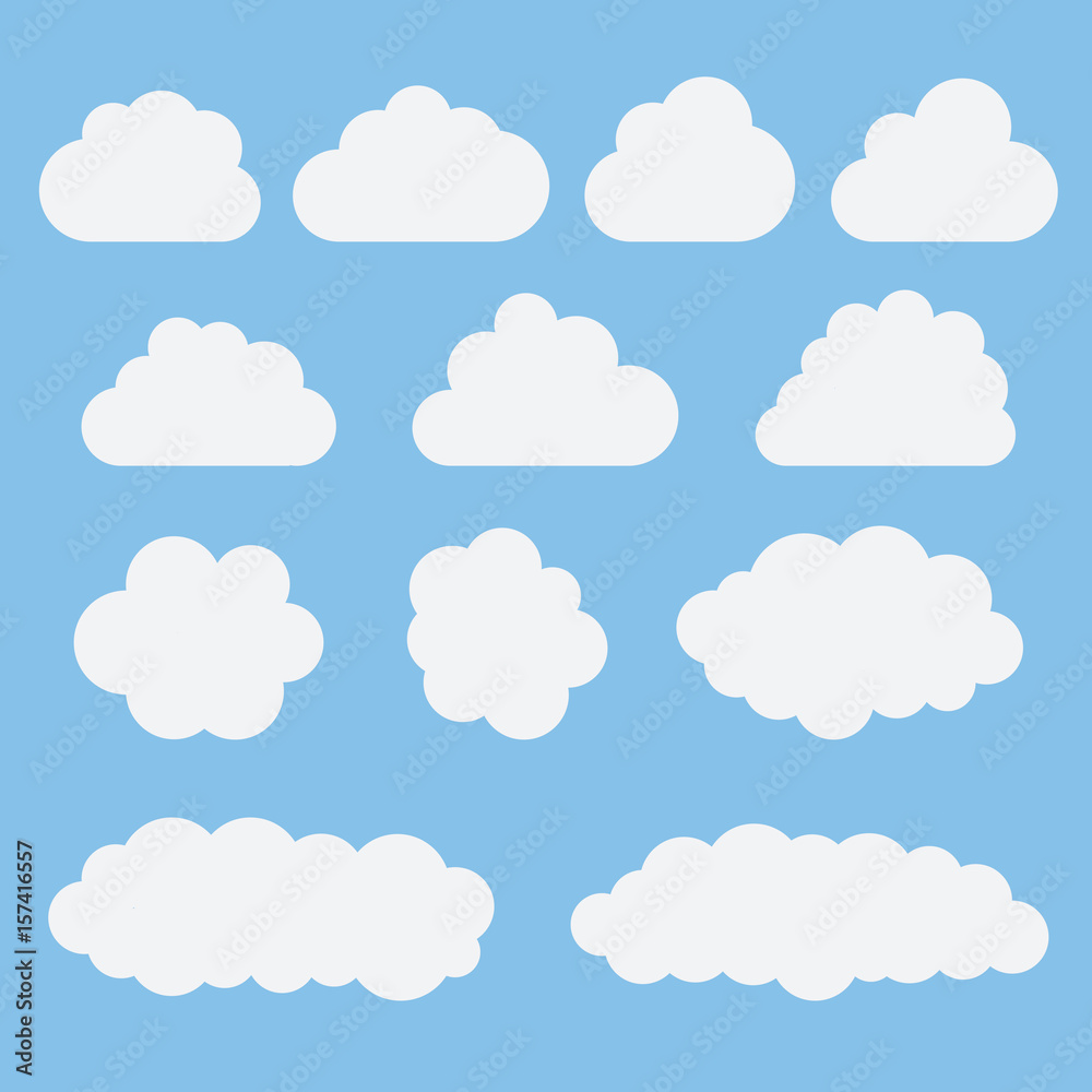 Collection of white cloud icons, signs,weather symbols flat style
