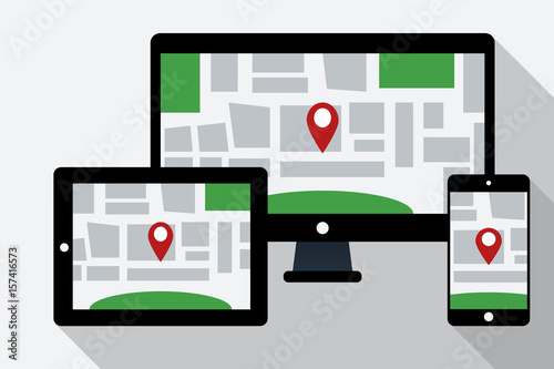 Computer, tablet PC and mobile phone with online navigation map on the screen