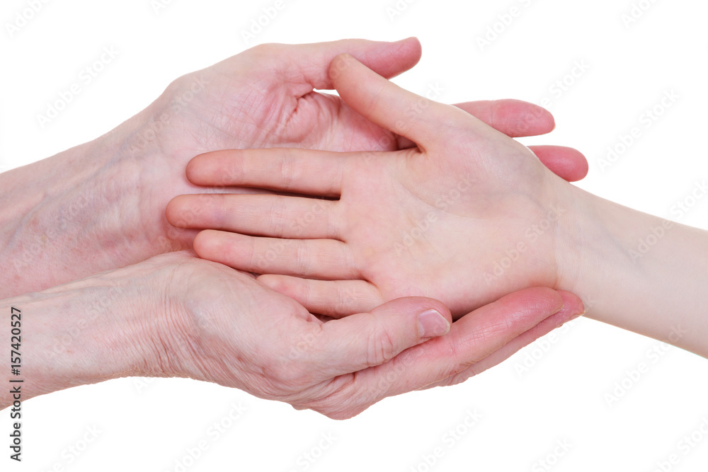 Old and young holding hands, isolated on a white background.