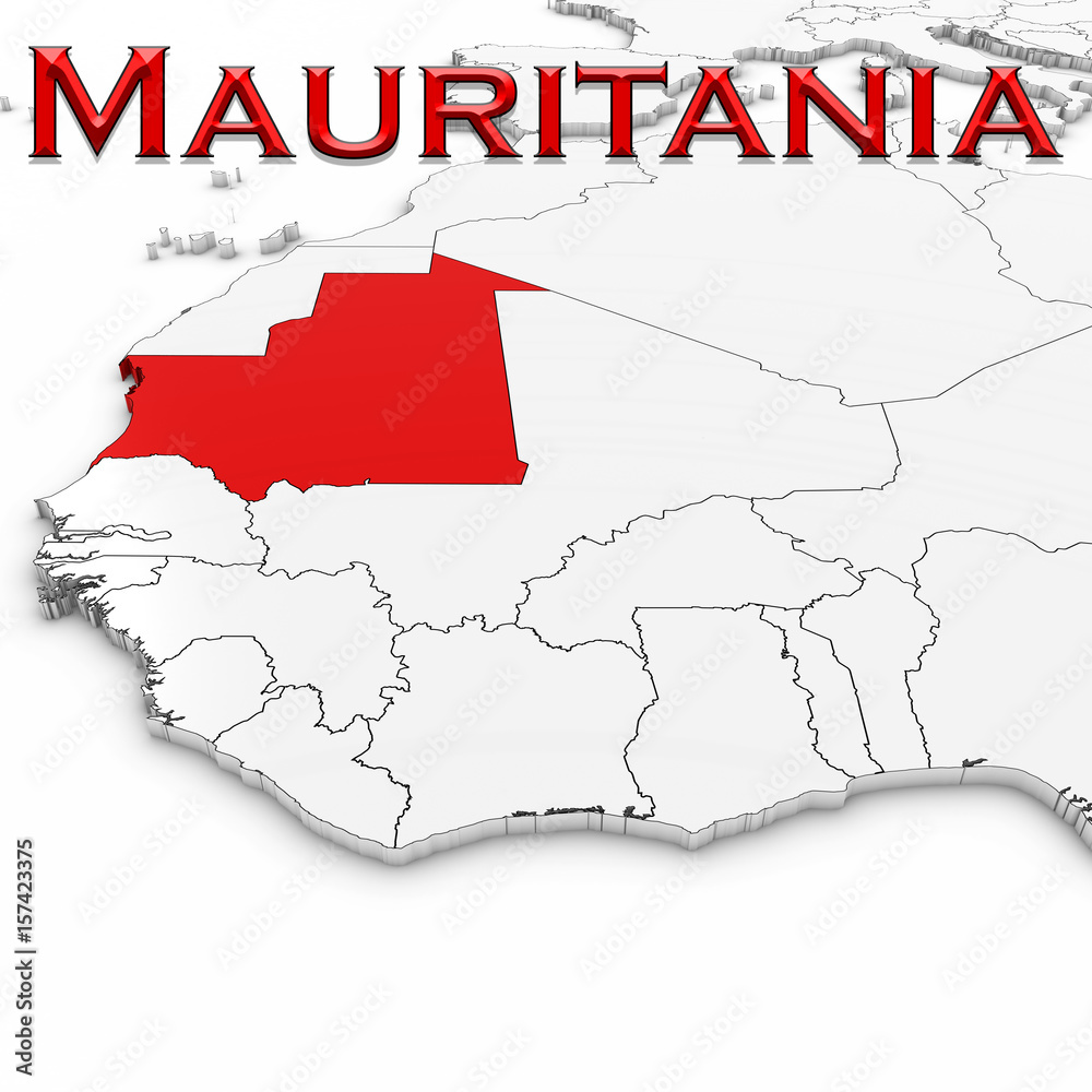 Fototapeta premium 3D Map of Mauritania with Country Name Highlighted Red on White Background 3D Illustration