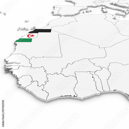 3D Map of Western Sahara with Sahrawi Flag on White Background 3D Illustration