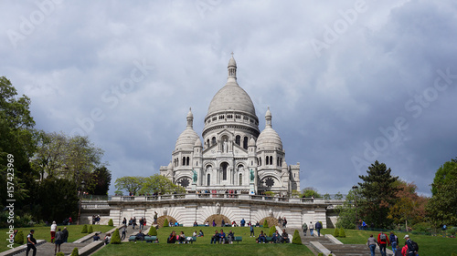 Photo of iconic Sacre Coeur Basilica in Montmartre, Paris, France © aerial-drone
