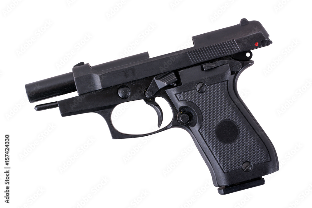 Black semi automatic handgun on a white background