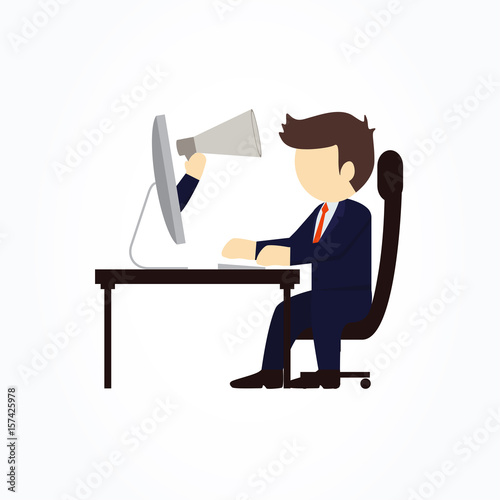 Businessmen with computer with a businessman's hand and megaphone going out from his computer. Vector illustration.