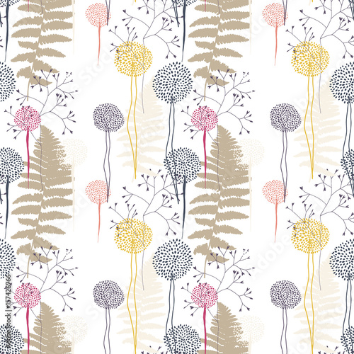 Floral pattern with fern leaves, dandelions and grasses.