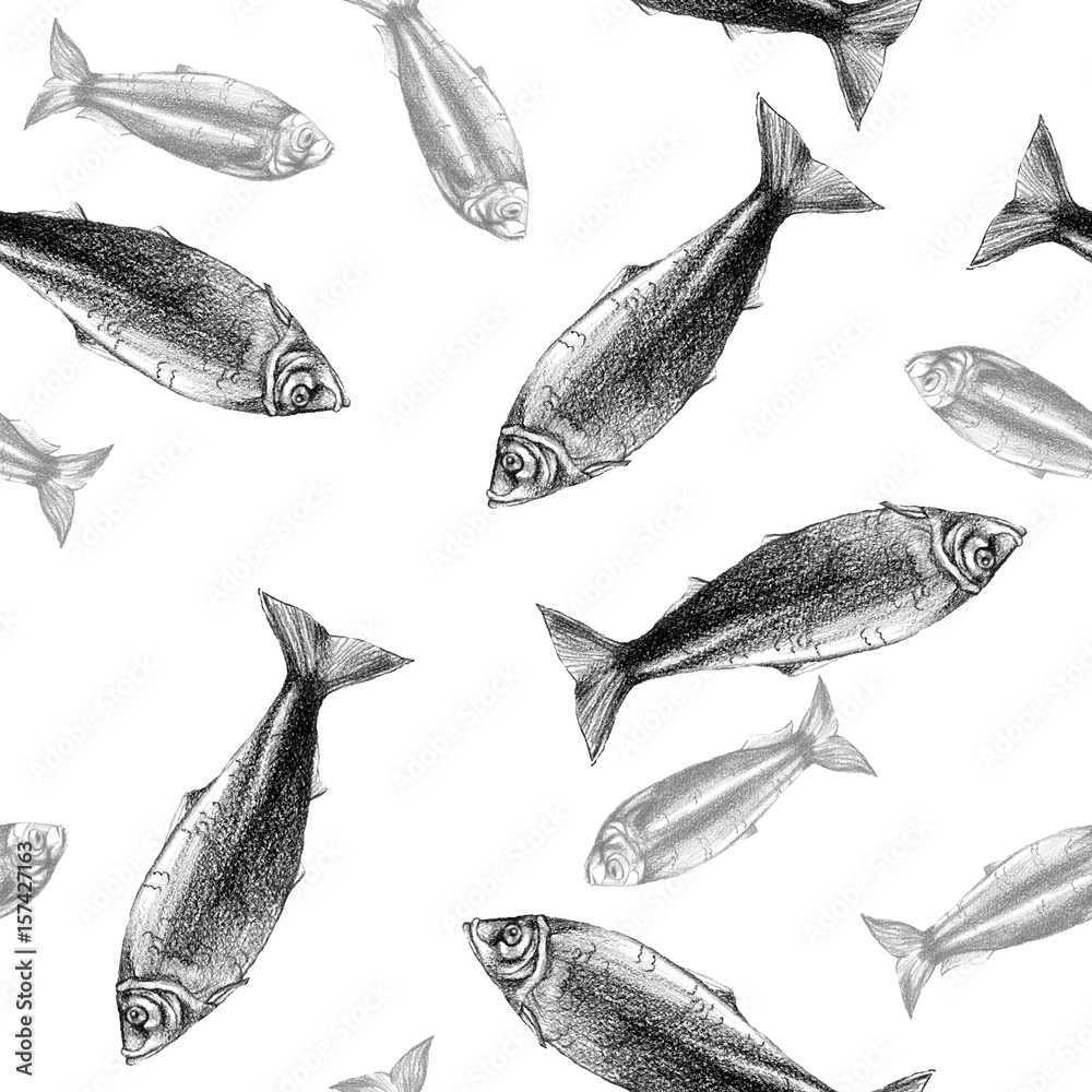 Watercolor drawing seamless pattern with fish, herring on white background, minimalism style, pencil sketches, on a theme of summer, underwater and sea life in sea and ocean for design and decoration Watercolor drawing seamless pattern with fish, herring on white background, minimalism style, pencil sketches, on a theme of summer, underwater and sea life in sea and ocean for design and decoration