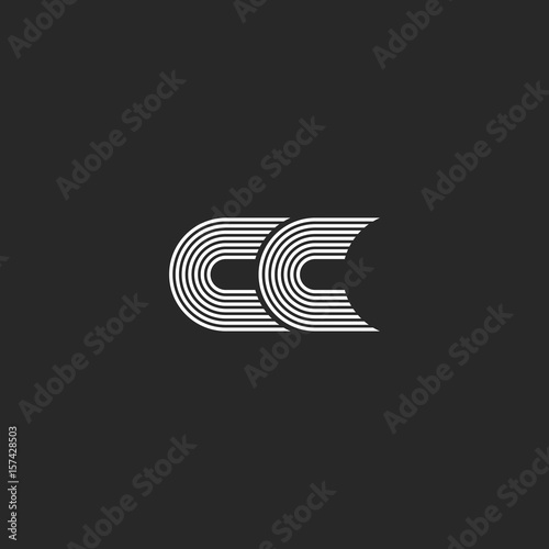 Logo CC monogram letter, simple two C initials together stylish wedding card emblem mockup, parallel lines black and white design element template